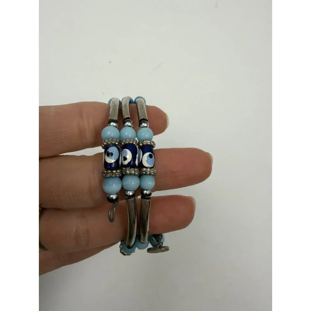 Vintage Silver Tone Layer Blue  Round & Barrel Beaded Bracelet